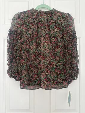 CeCe Floral Puff Sleeve Blouse Mock Neck Ruffle Tiered Sleeve Small 4-8 NEW